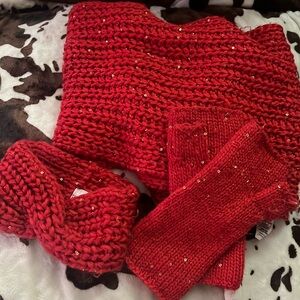 Red sequin infinity scarf set headband & fingerless gloves chunky knit retro 💋